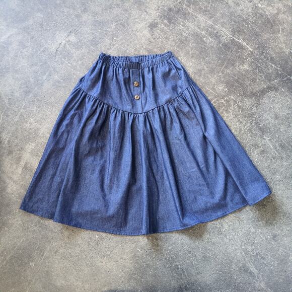 Vintage Pitchfork Denim Skirt Womens L Blue Button Front Pleated Prairie Cottage - Picture 1 of 8